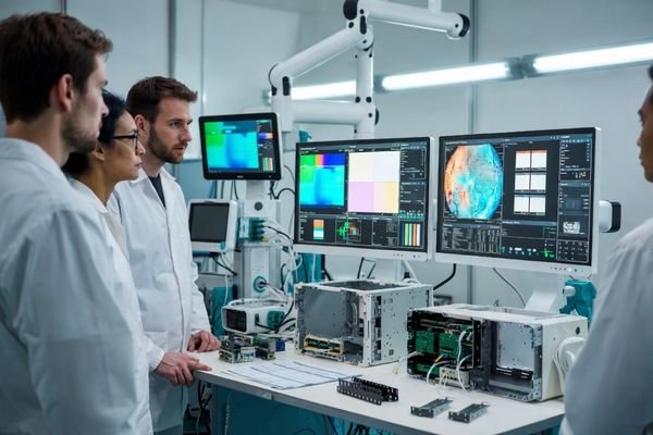 OEM medical display project review scene with engineers validating an integration-ready medical monitor and prototype equipment