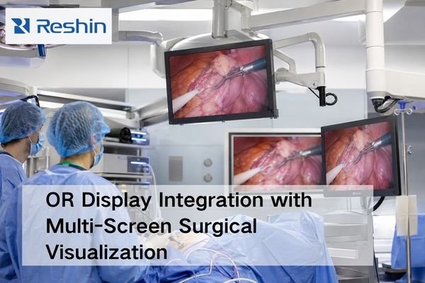 Integrated operating room with multiple surgical displays showing consistent endoscopic images during OR display integration