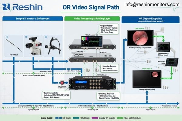 A flowchart diagram showing a signal path from a surgical camera, through a processor and router, to multiple OR displays