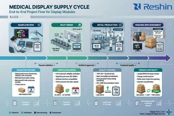 A supply timeline showing sample review, pilot order, mass production, and repeat-order continuity