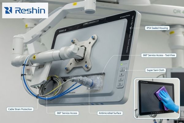 A close-up of a well-designed boom arm mount with clean cable management and a sealed display housing
