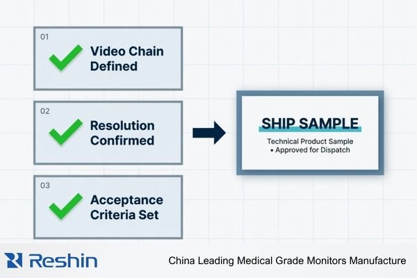 A checklist graphic with items like 'Video Chain Defined,' 'Resolution Confirmed,' and 'Acceptance Criteria Set' all checked off before a box labeled 'Ship Sample'