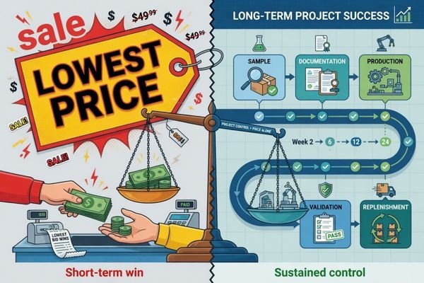 A visual comparison showing quoted price on one side and long-term project control on the other