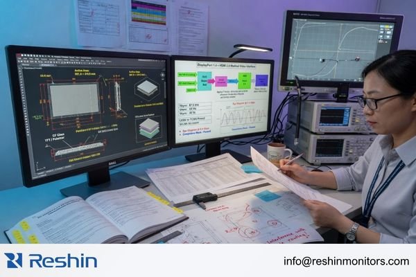 An engineer reviewing a medical display datasheet, interface summary, and mechanical drawing during technical evaluation