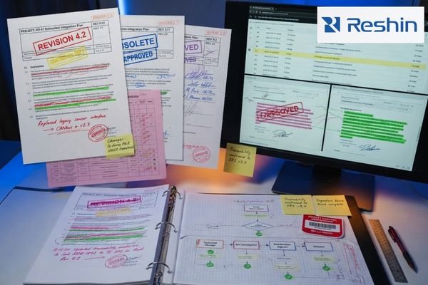 A revision-controlled project document package showing validation records, change tracking, and traceability references