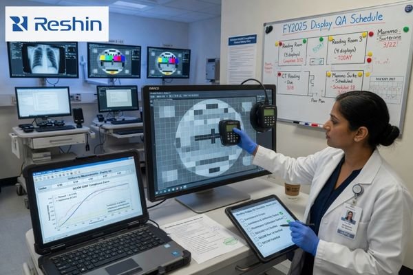 An image of a biomedical engineer performing a quality assurance test on a diagnostic display in a hospital setting