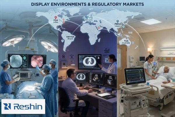 Medical display use scenarios across an operating room, radiology workstation, and mobile cart system