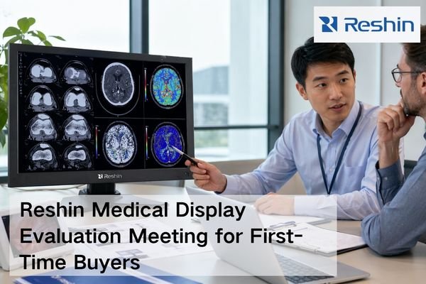 Reshin medical display review meeting with buyers discussing product evaluation, specifications, and project requirements in a modern office