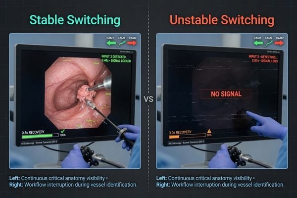A split-screen image showing a stable image during a fast signal switch on one side, and a black screen on the other