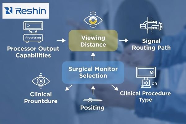 A flowchart showing how processor output, signal routing, mounting position, and OR workflow influence surgical monitor choice