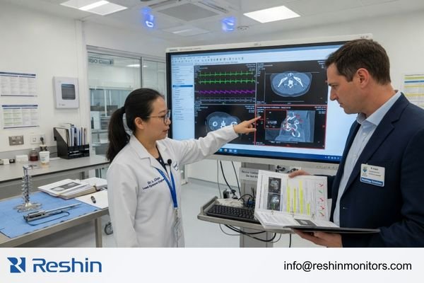 An image showing an engineer and a client in a lab, pointing to a specific feature on a sample display while reviewing a technical document