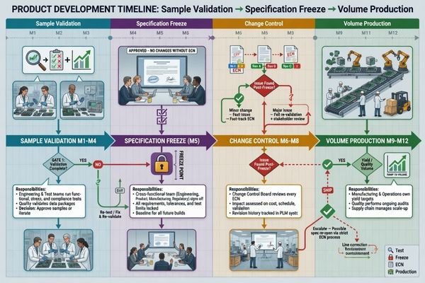 Project gates for sample validation, specification freeze, change control, and supply continuity