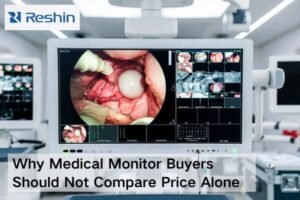 Medical monitor procurement scene showing a medical-grade display, validation documents, connected cables, and project materials beyond price comparison