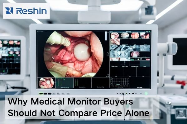 Medical monitor procurement scene showing a medical-grade display, validation documents, connected cables, and project materials beyond price comparison