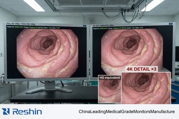 A side-by-side comparison of the same surgical image shown on a 4K display and a Full HD display in a real OR evaluation setting