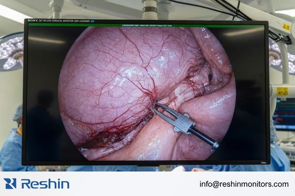 A 32-inch 4K surgical display showing fine laparoscopic detail in a modern OR setup