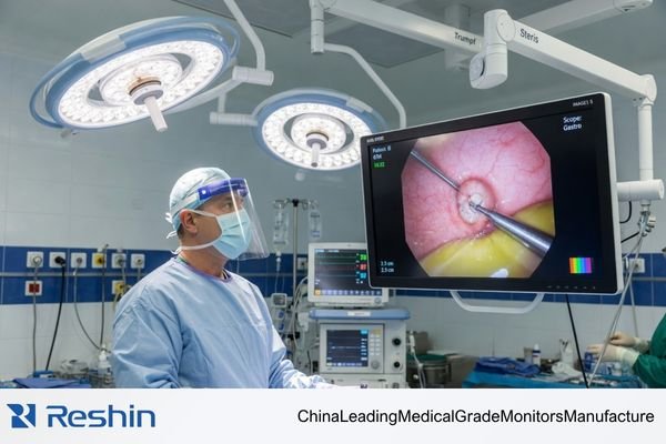 A surgeon reviewing a bright, glare-controlled image on a surgical monitor under real operating-room lighting
