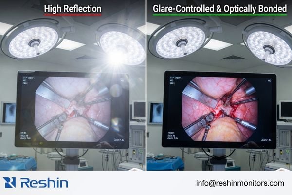 A comparison between a reflective surgical monitor and a glare-controlled, optically bonded display in a bright OR