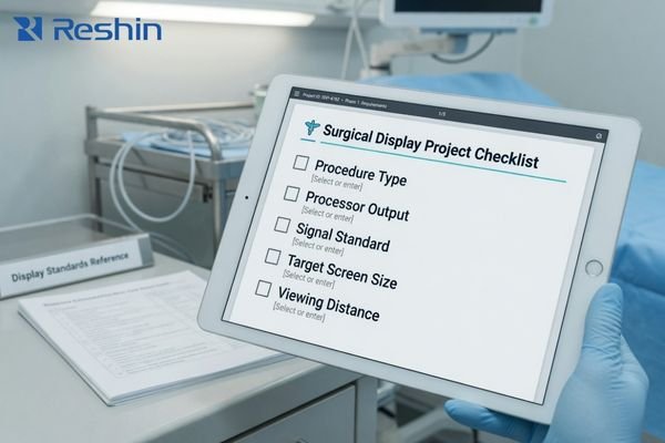 A clinical project checklist showing procedure type, processor output, signal standard, screen size, mounting location, and viewing distance