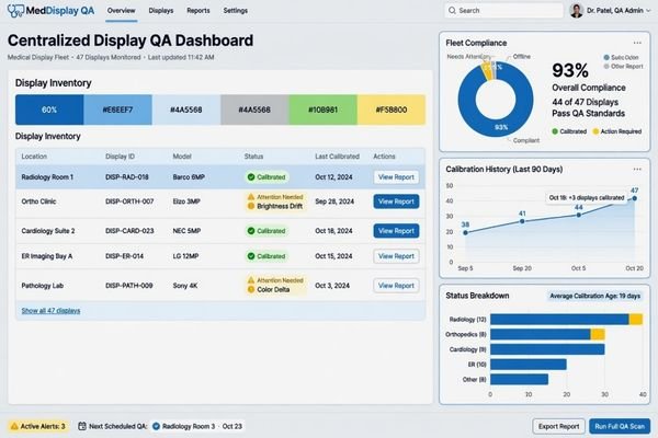A screenshot of a centralized display QA software dashboard, showing the calibration status and history of multiple monitors across a hospital