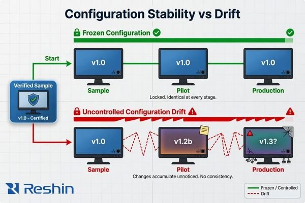 diagram comparing frozen medical display configuration with uncontrolled configuration drift across production stages