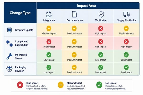 An impact matrix showing how different kinds of display changes affect integration, documents, verification, and supply continuity