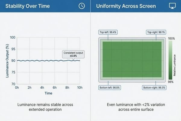 A split-panel image showing a graph of stable luminance over time on the left, and a heat map of a uniformly lit screen on the right