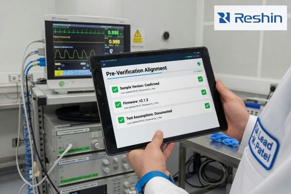 A pre-verification review showing sample version, interface definitions, firmware status, and test assumptions being checked before evaluation begins