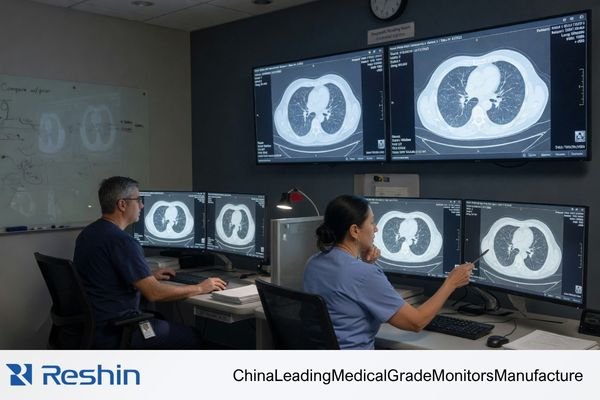 An image showing two radiologists looking at the same CT scan on two different workstations, with the images appearing visually identical