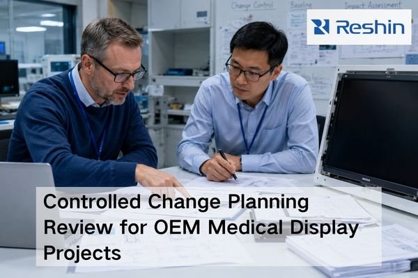 Engineers reviewing controlled change planning documents, baseline configuration, and revision impact for an OEM medical display project