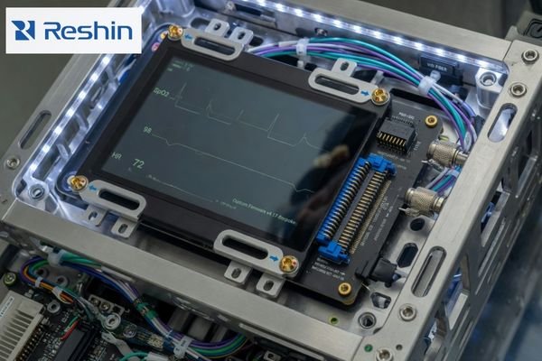 An image showing a custom-designed display with unique mounting points and a specific connector layout to fit a complex medical device chassis
