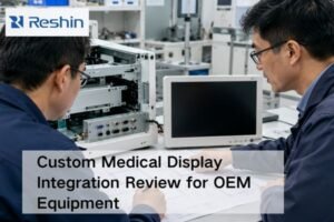 Engineers reviewing a custom medical display integration project with host equipment, cable routing, and enclosure drawings in a medical device lab