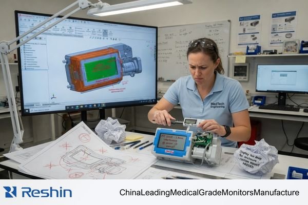 An engineer reviewing a host equipment layout, cable routing path, and display enclosure dimensions during a customization review
