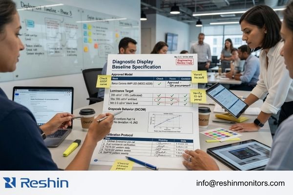 An image of a detailed specification sheet or checklist being reviewed by an engineering team, defining the project's display baseline