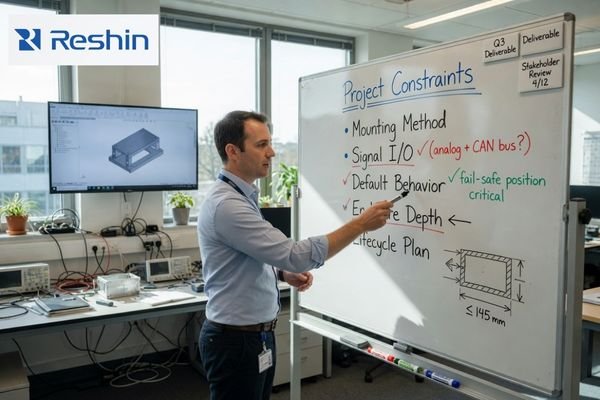 An engineer at a whiteboard listing project constraints like 'Mounting Method,' 'Signal I/O,' and 'Default Behavior'