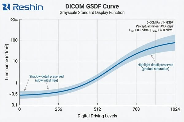 A graph showing the DICOM GSDF curve, illustrating the relationship between digital driving levels and luminance for perceptually linear grayscale