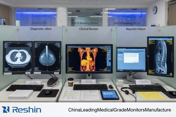 An image showing three different PACS workstation setups: a dual-head grayscale diagnostic station, a single color review station, and a reporting station with a portrait monitor