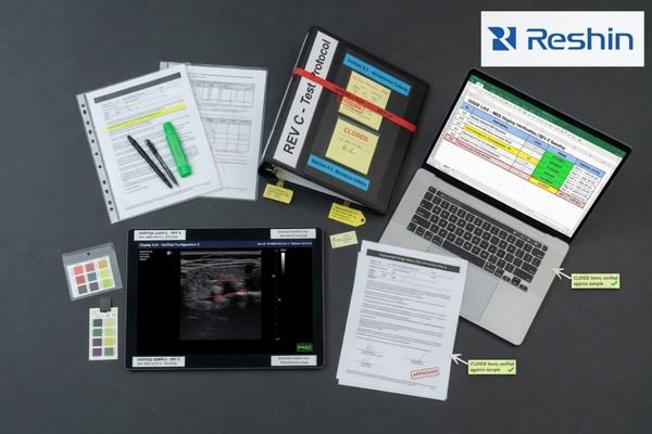 An engineering review table with a verified sample, revision-controlled documents, and an issue log linked to the tested configuration