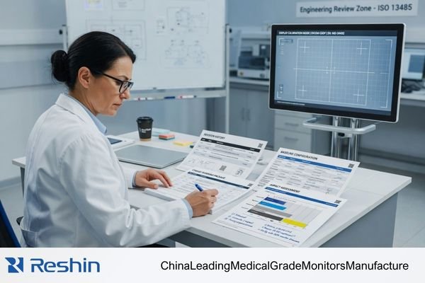 An engineer reviewing a change planning package, including revision records, baseline documents, and impact notes for an OEM medical display project