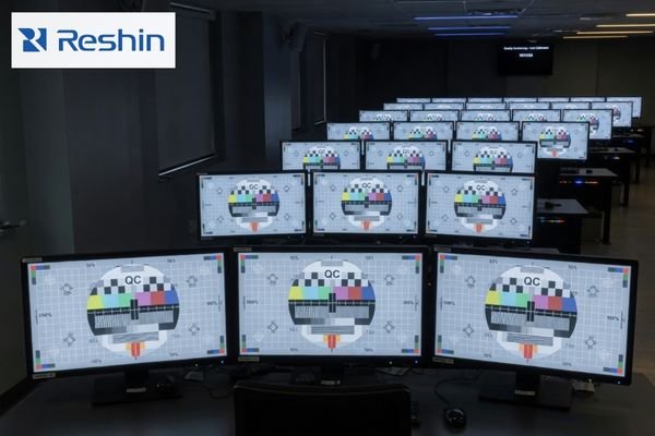 An image of a hospital's PACS reading room with multiple workstations, all showing consistent image quality