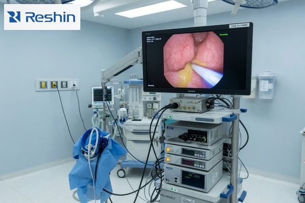 A 27-inch Full HD surgical monitor integrated with an endoscopy tower in a compatibility-focused OR setup
