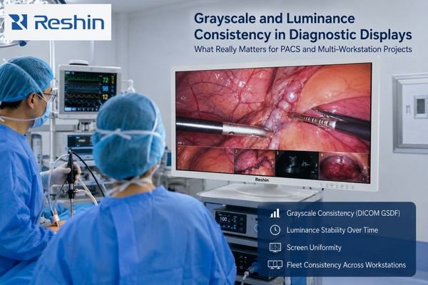 Operating room scene with surgeons viewing a large medical display illustrating grayscale and luminance consistency in diagnostic imaging