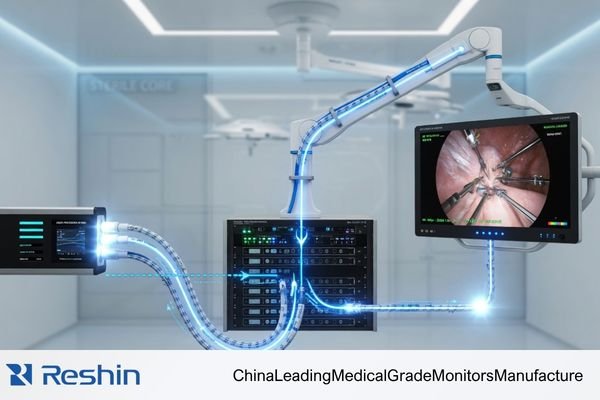 A complete surgical video signal path from camera processor through routing hardware and cabling to a boom-mounted surgical display