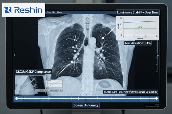 A diagnostic display showing a medical image, with callouts pointing to luminance stability over time, screen uniformity, and DICOM curve compliance