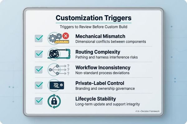 A project checklist highlighting mechanical fit, I/O mapping, workflow behavior, private-label requirements, and lifecycle control