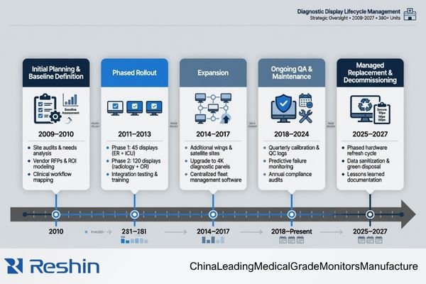 A timeline graphic showing the lifecycle of a diagnostic display deployment, from initial planning and rollout to expansion and managed replacement