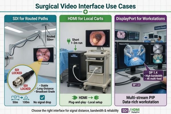 Three surgical interface scenarios: SDI in a routed boom display path, HDMI in a local cart connection, and DisplayPort in a multi-source workstation environment