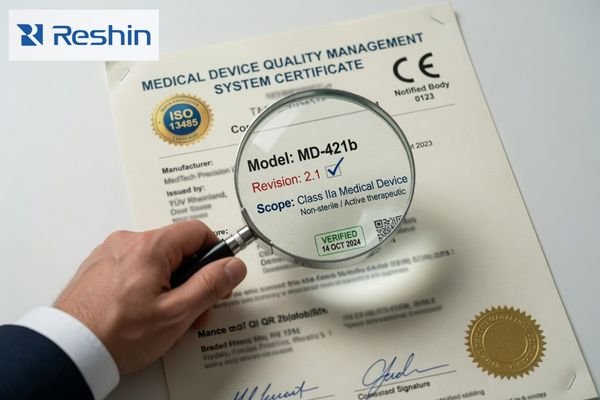magnifying glass reviewing model number revision date and scope on a medical display compliance certificate