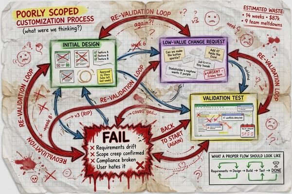 An engineering change flow with repeated validation loops caused by poorly scoped customization requests