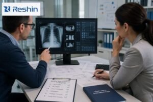 Medical display supplier compliance review with engineers checking documentation, ISO 13485, IEC 60601, validation, and change control.